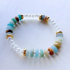Handmade Multicolor Amazonite & Pearl Bead Stretch Bracelet